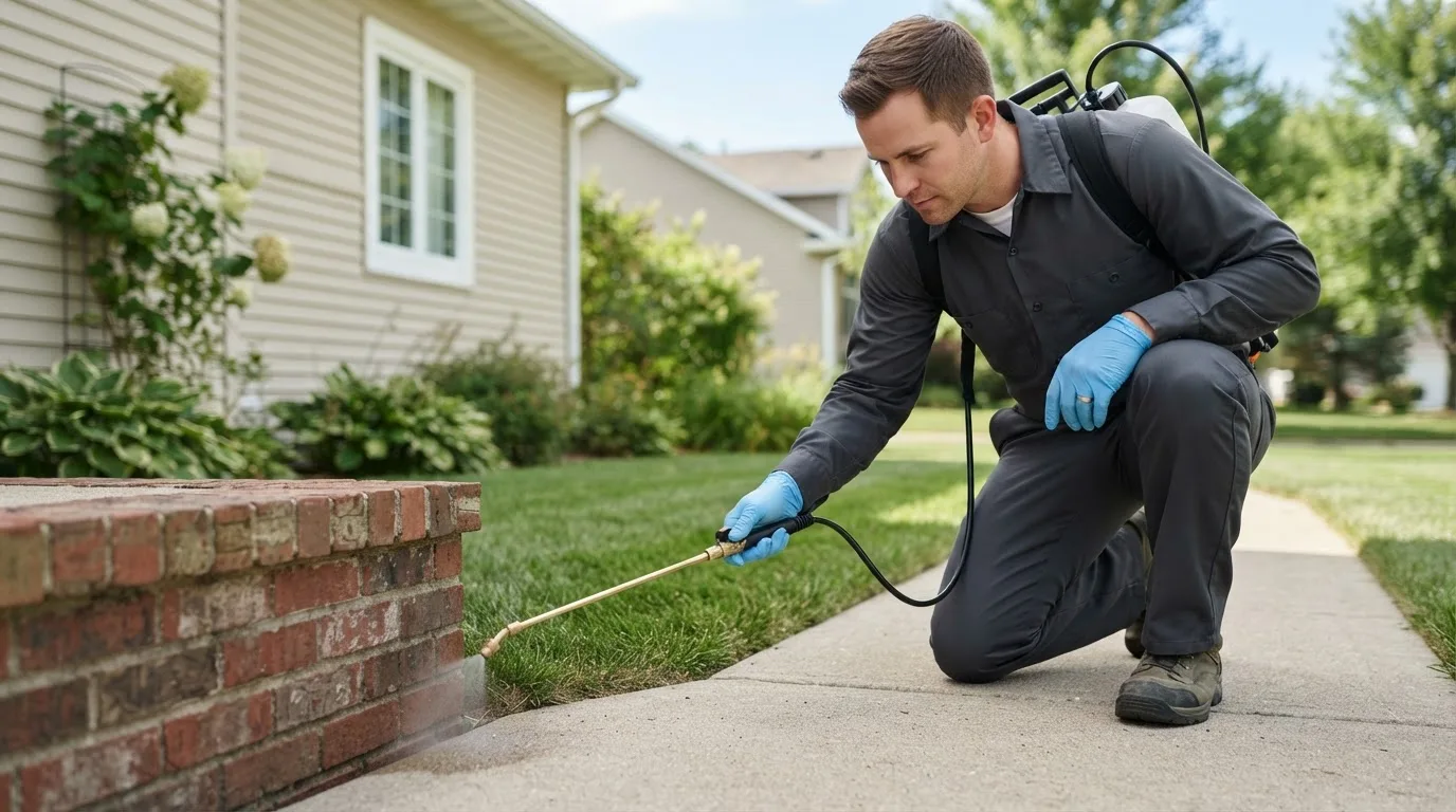 Pest control technician treating a home near Finleyville, PA